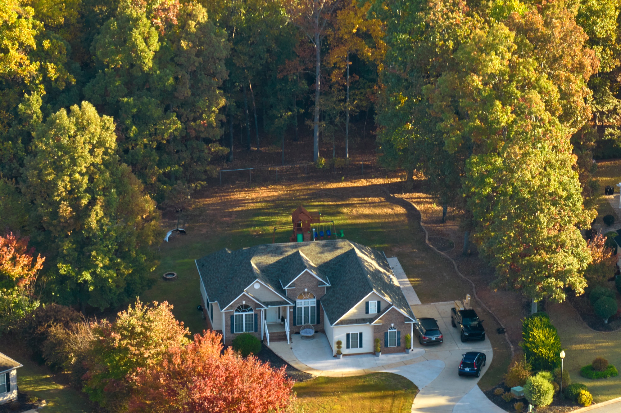 Aerial view of classical american home in South Carolina residential area.
